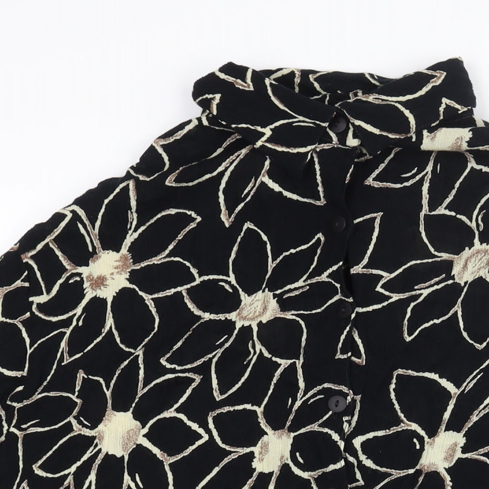 Pomodoro Womens Black Floral Viscose Basic Button-Up Size L Collared