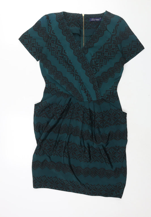 Closet Womens Green Geometric Polyester Sheath Size 12 V-Neck Zip - Pleat Detail