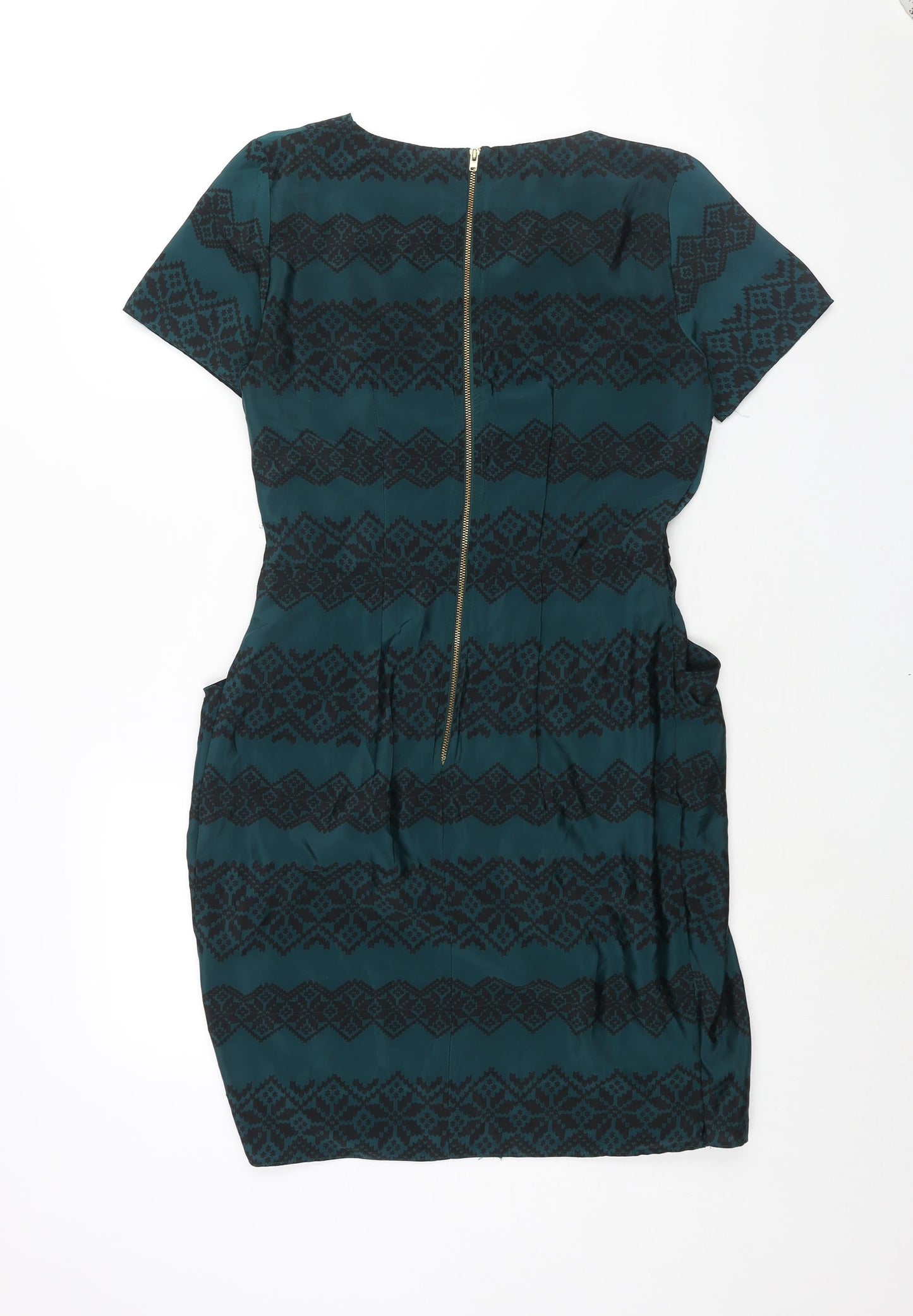 Closet Womens Green Geometric Polyester Sheath Size 12 V-Neck Zip - Pleat Detail