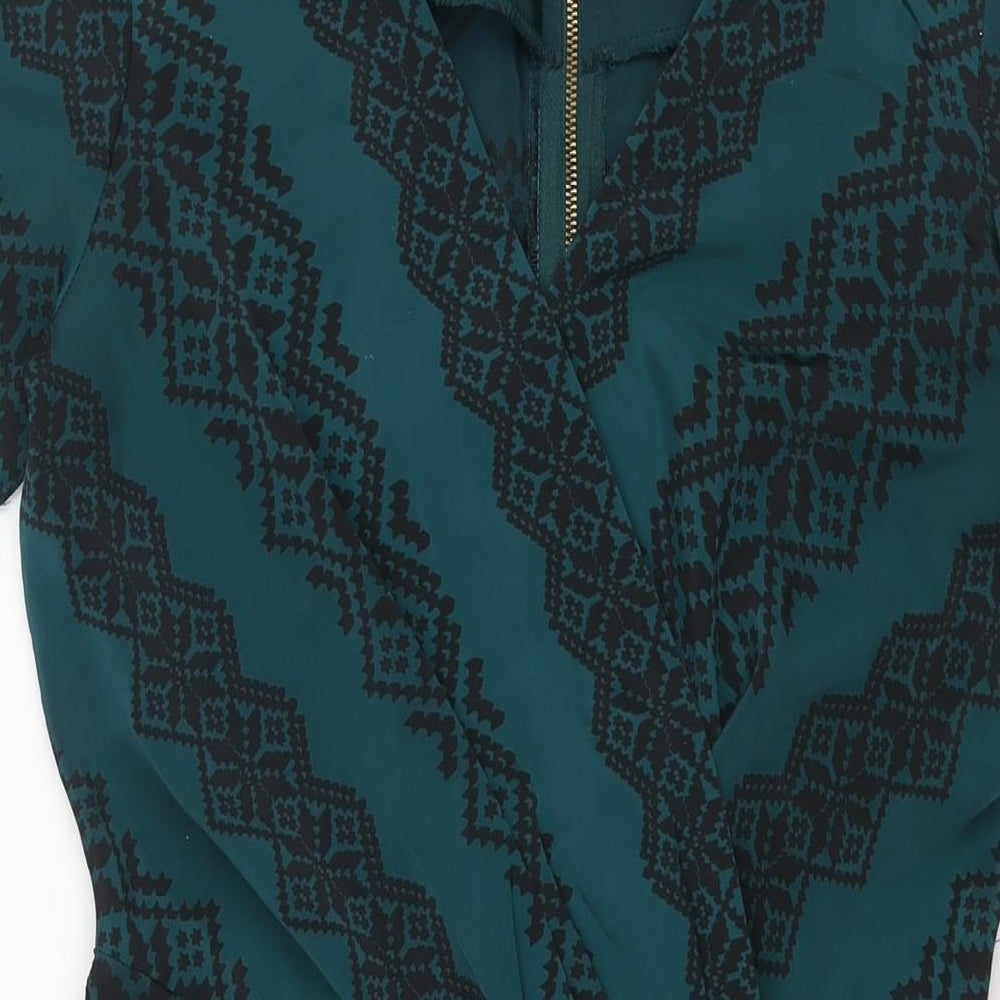 Closet Womens Green Geometric Polyester Sheath Size 12 V-Neck Zip - Pleat Detail