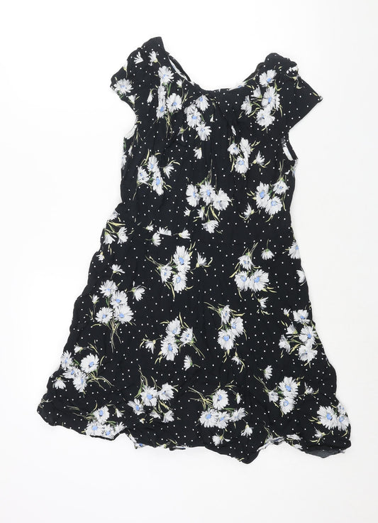 Wallis Womens Black Floral Viscose A-Line Size 12 Round Neck Zip