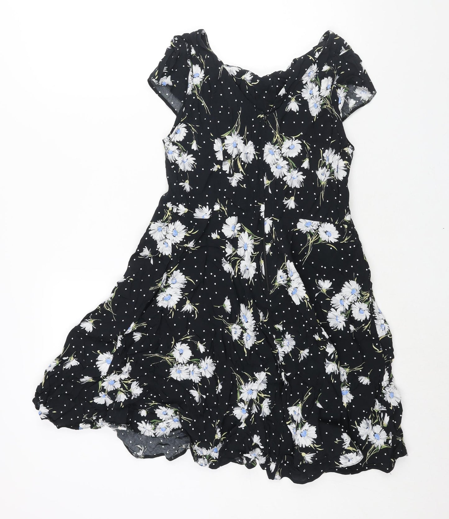 Wallis Womens Black Floral Viscose A-Line Size 12 Round Neck Zip