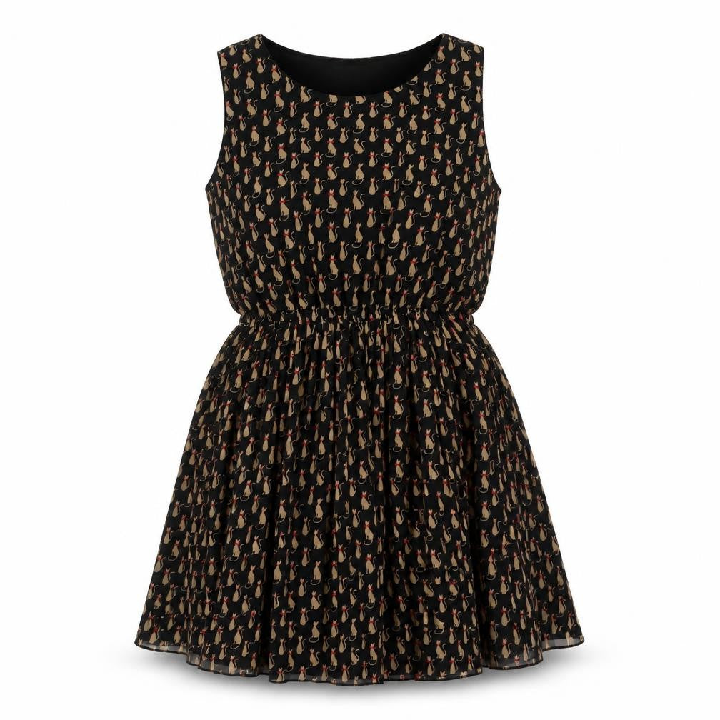 Soda Mix Womens Black Geometric Polyester Shift Size 12 Round Neck Pullover - Cat Print