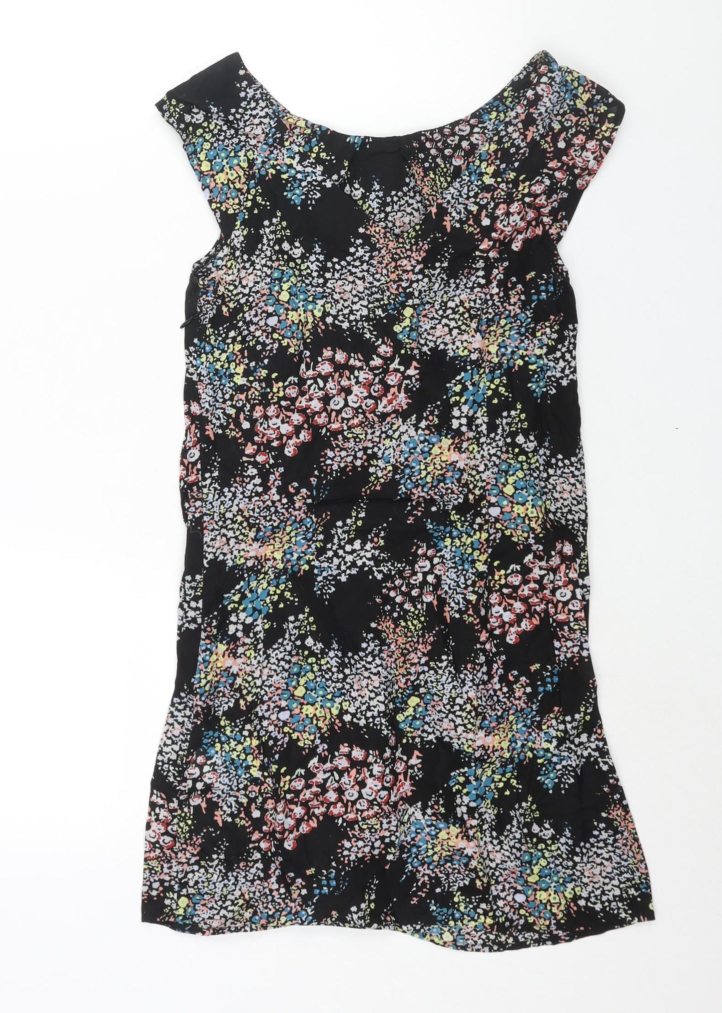 Warehouse Womens Black Floral Cotton Mini Size 6 Boat Neck Zip