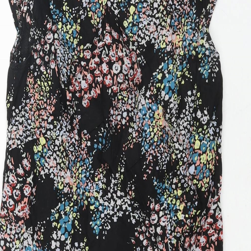 Warehouse Womens Black Floral Cotton Mini Size 6 Boat Neck Zip