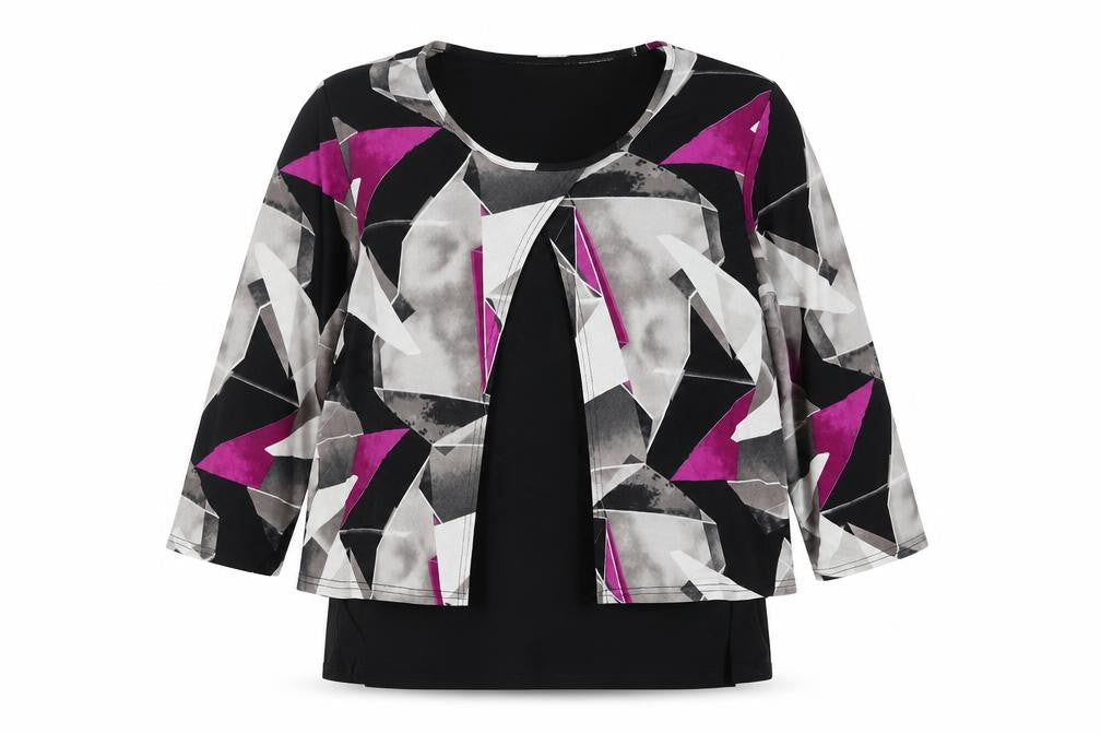 Bassini Womens Black Geometric Polyester Basic Blouse Size 16 Round Neck - Layered