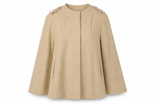 Front view of Miss Selfridge women’s beige jacket poncho, size L, button