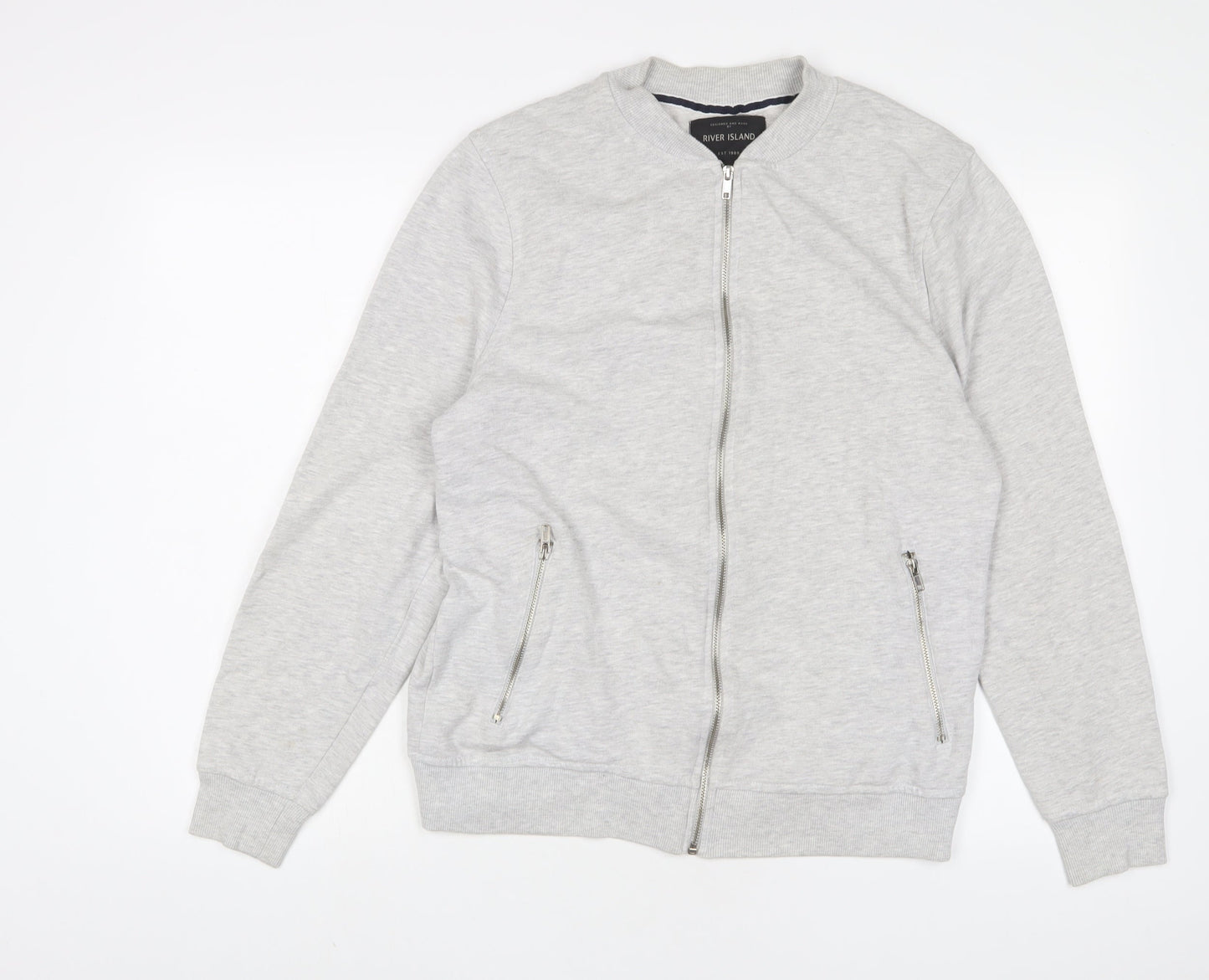 River Island Mens Grey Cotton Full Zip Sweatshirt Size M - Zip Pockets