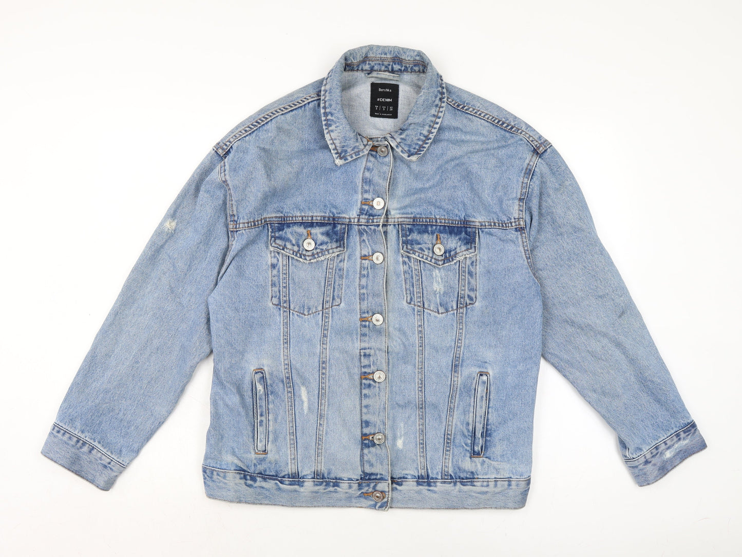 Bershaka Mens Blue Biker Jacket Size S Button - Distressed.