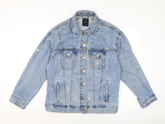 Bershaka Mens Blue Biker Jacket Size S Button - Distressed.