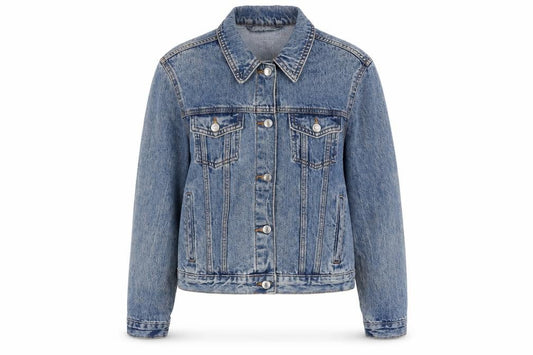 Front view of Denim & Co. women’s black biker jacket, size UK 12, button