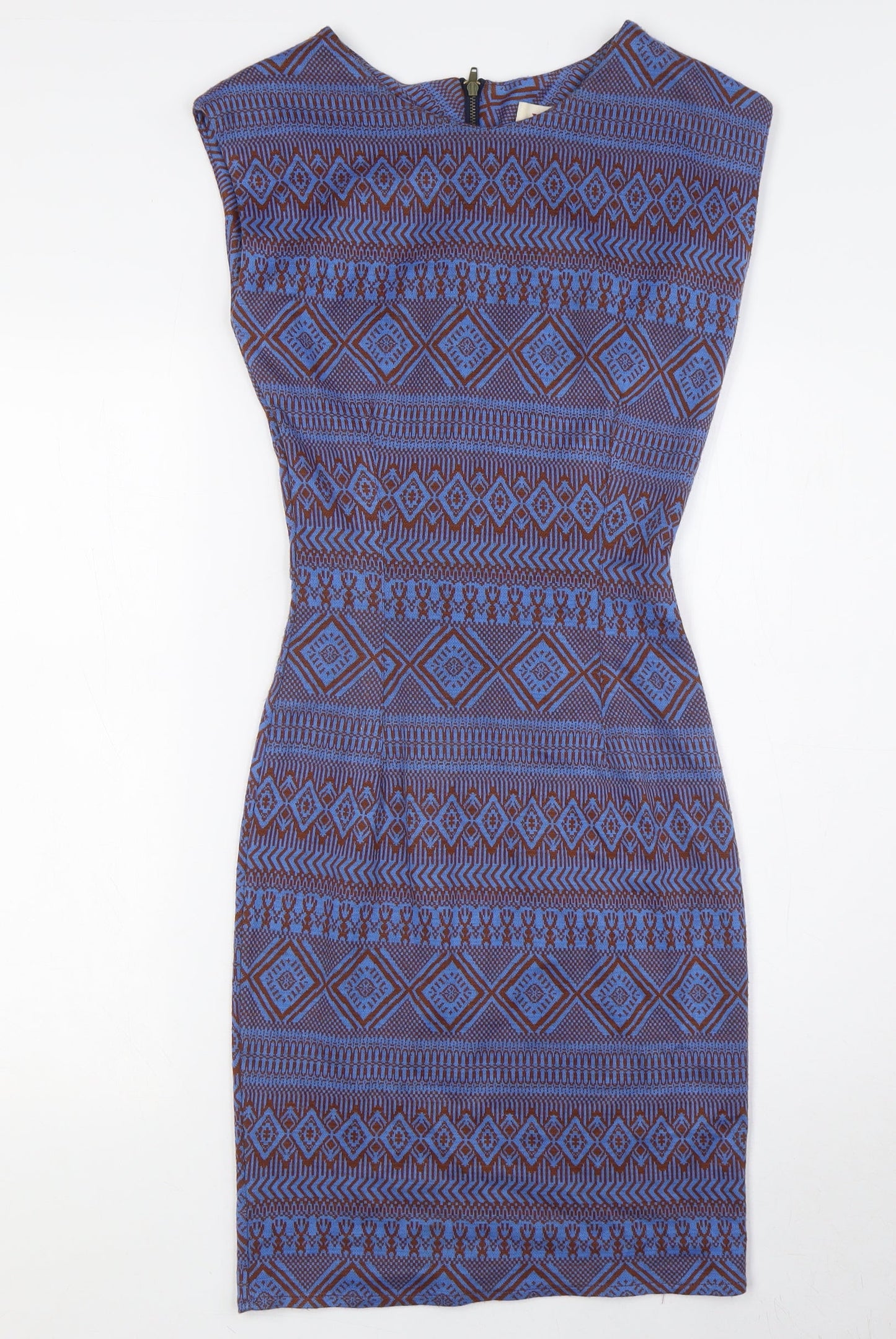 Louche Womens Blue Polyester Pencil Dress Size 8 Round Neck Zip