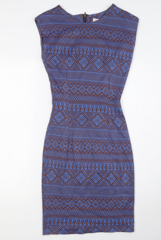 Louche Womens Blue Polyester Pencil Dress Size 8 Round Neck Zip