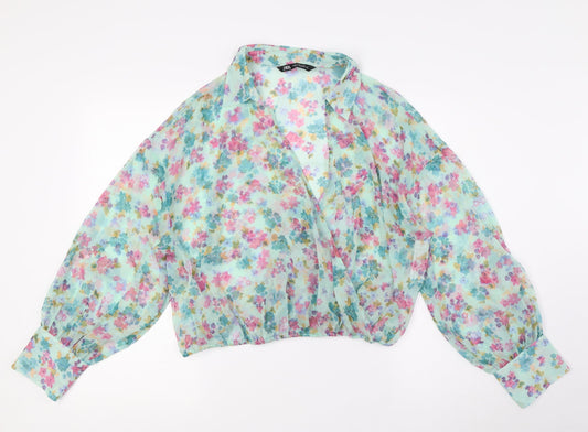 Zara Womens Multicoloured Floral Polyester Basic Blouse Size XL V-Neck - Sheer