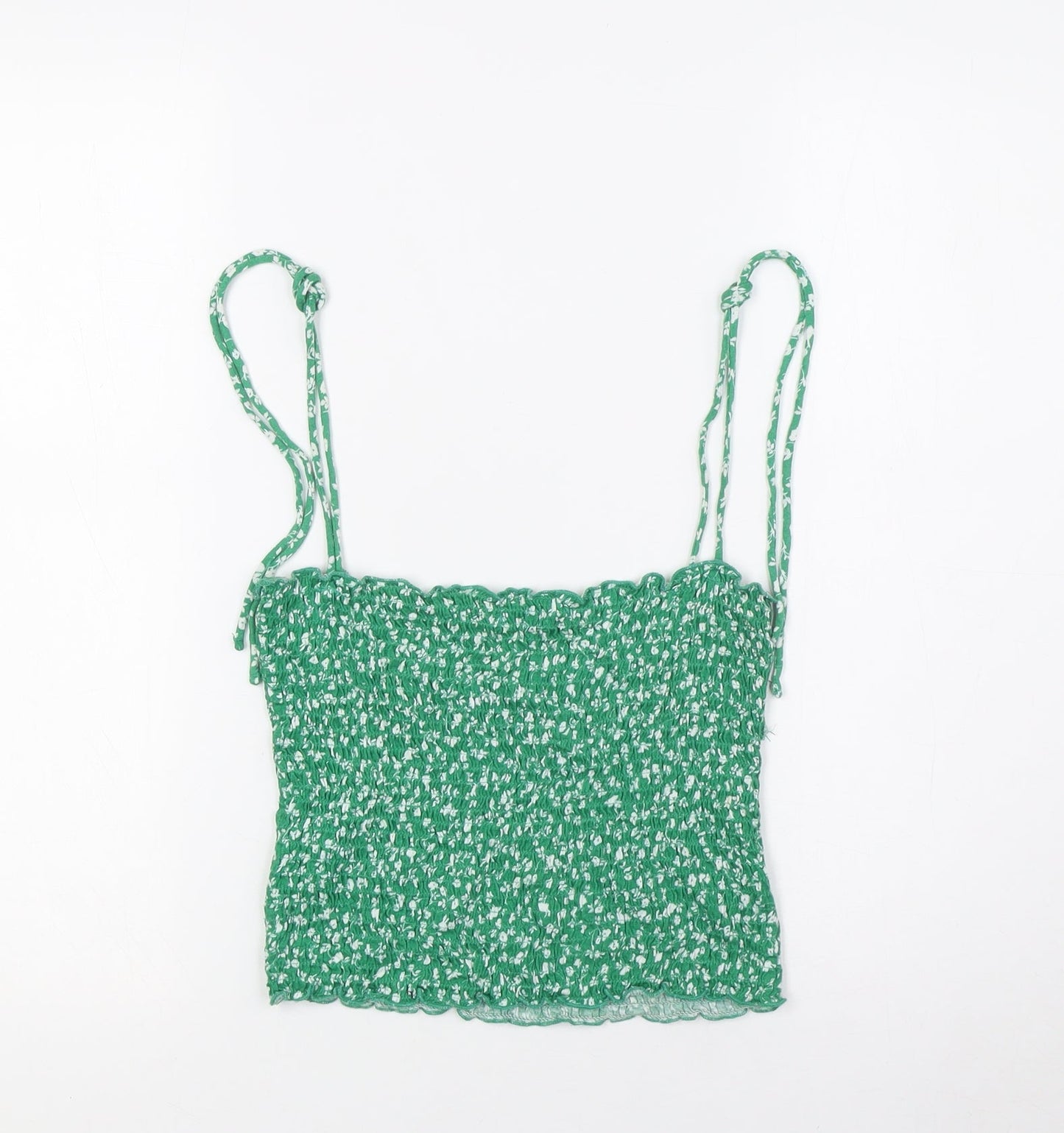 Stradivarius Womens Green Floral Cotton Basic Tank Size S Square Neck - Smocked Top