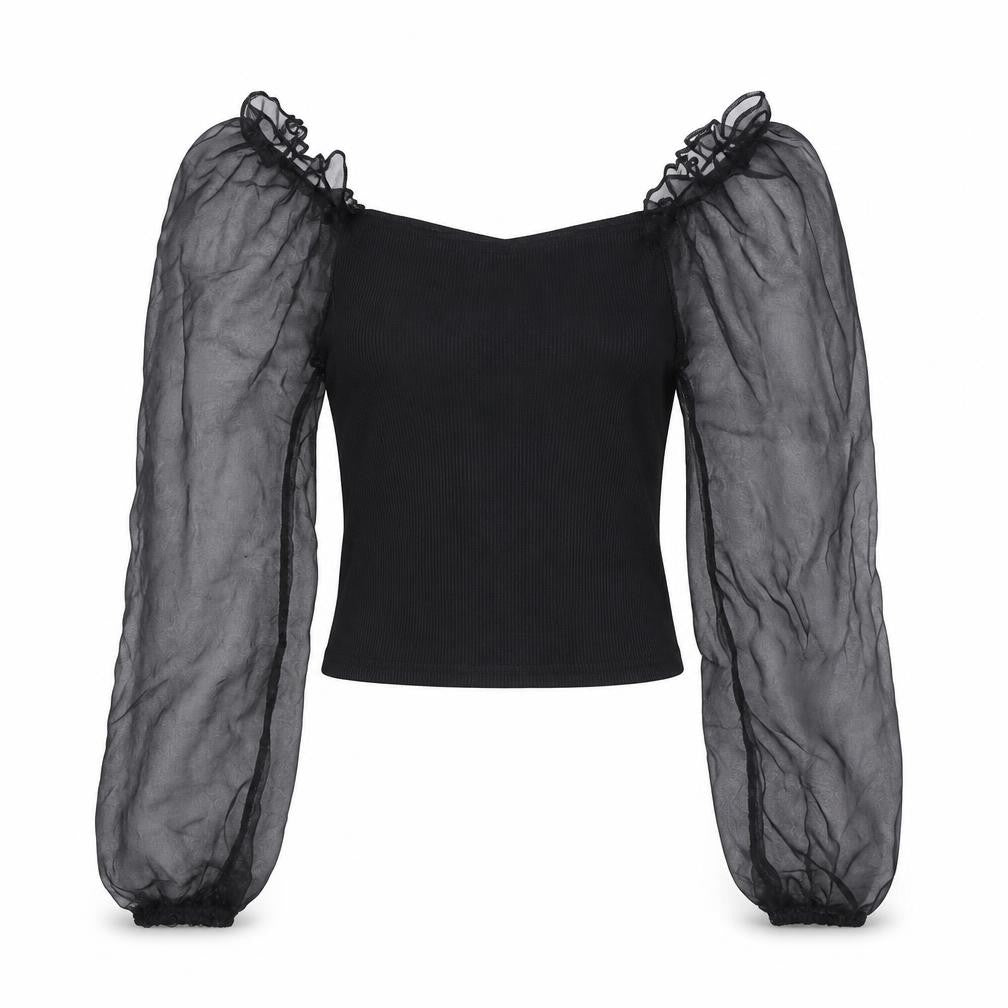 Cameo Rose Womens Black Polyester Basic Blouse Size 10 Square Neck - Sheer Sleeves