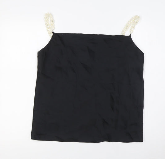 River Island Womens Black Polyester Camisole Blouse Size 12 Scoop Neck - Pearl Straps