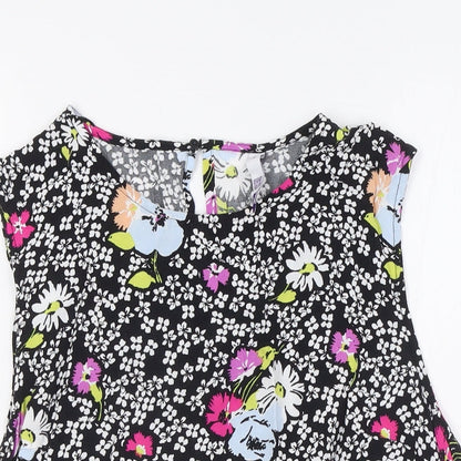 Close-up detail of By Henry Holland women’s multicoloured floral viscose basic blouse, size UK 16, round neck