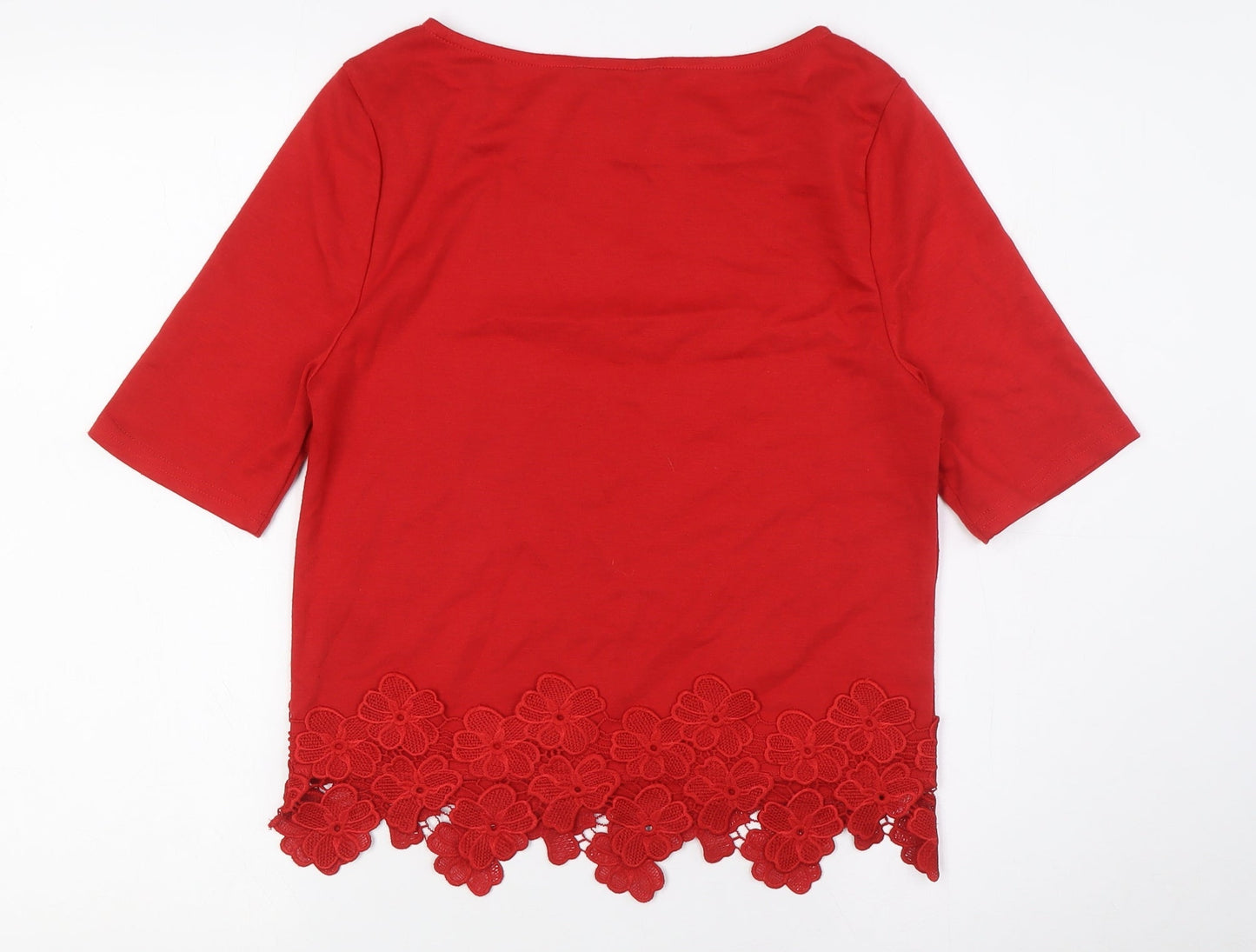 New Look Womens Red Polyester Basic T-Shirt Size 10 Boat Neck - Lace Hem Detail
