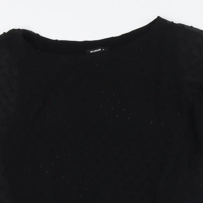 Close-up detail of Roman women’s black polyester basic t-shirt, size UK 10, boat neck