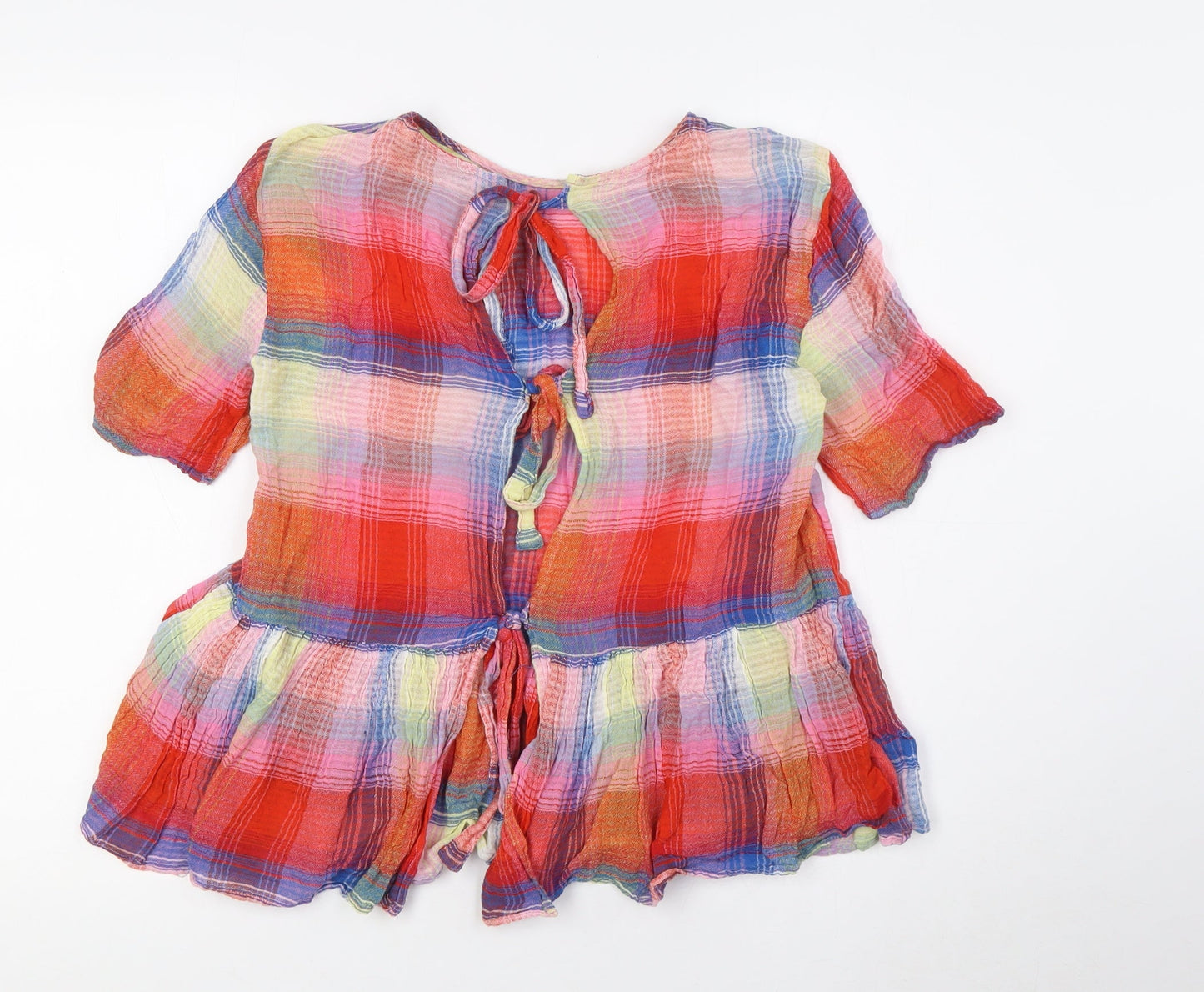 Zara Womens Multicoloured Check Cotton Basic Button-Up Size S Round Neck
