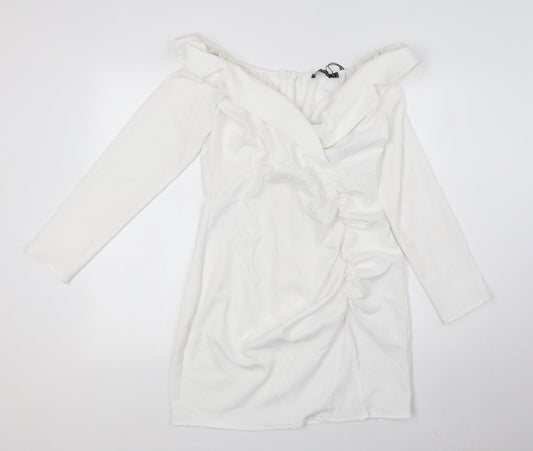 PRETTYLITTLETHING Womens White Polyester Pencil Dress Size 10 Off the Shoulder Zip