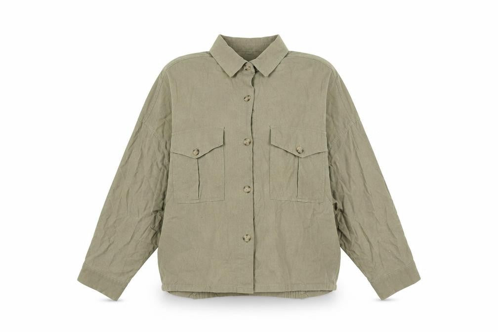 Pull&Bear Womens Green Herringbone Polyester Basic Button-Up Size M Collared - Breast Pockets