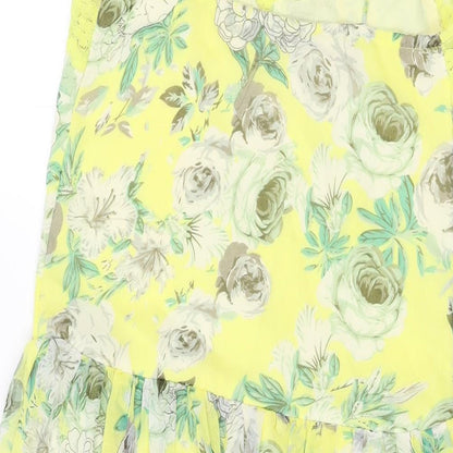 Brand and care label for ASOS women’s yellow floral polyester a-line, size UK 2, v-neck pullover