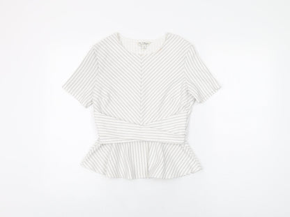Additional front view of Miss Selfridge women’s white striped polyester basic t-shirt, size UK 8, round neck