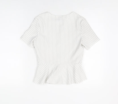 Back view of Miss Selfridge women’s white striped polyester basic t-shirt, size UK 8, round neck