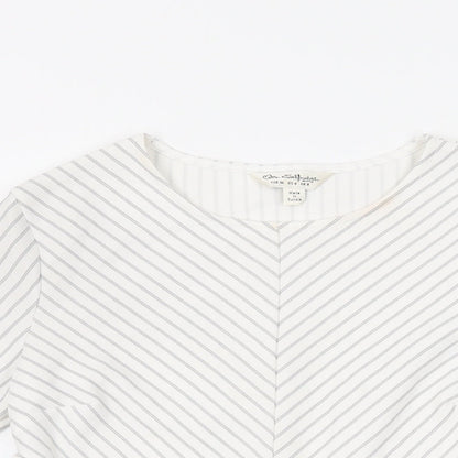 Close-up detail of Miss Selfridge women’s white striped polyester basic t-shirt, size UK 8, round neck
