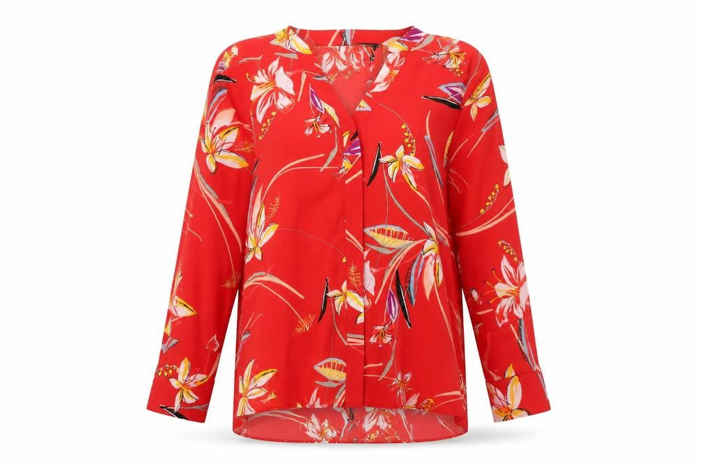 Marks & Spencer Womens Red Floral Polyester Basic Button-Up Size 18 V-Neck