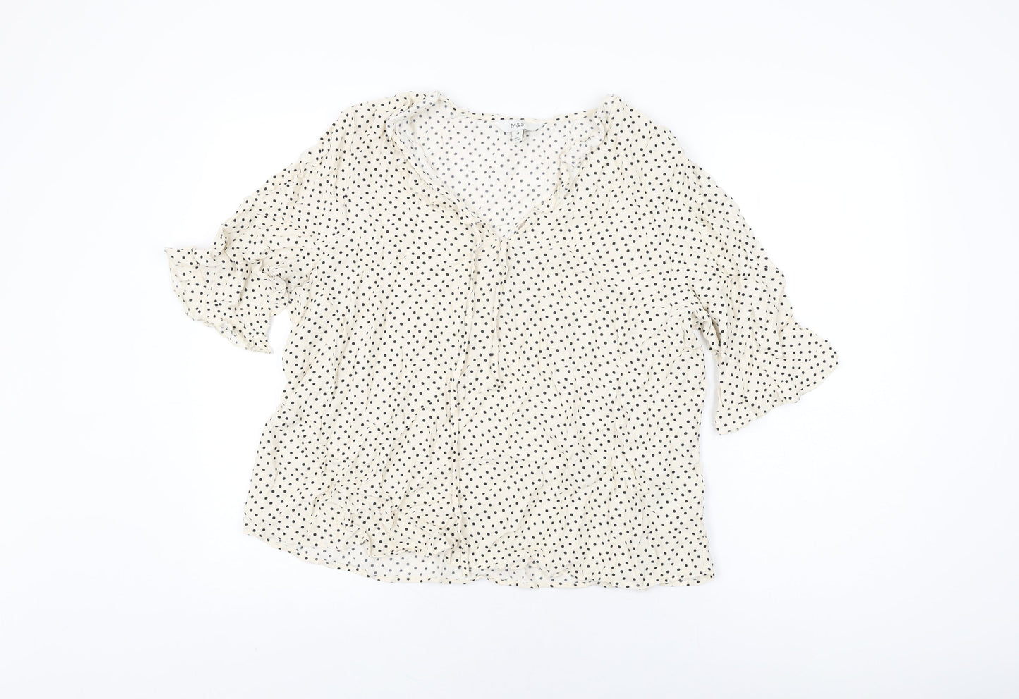 Marks and Spencer Womens Ivory Polka Dot Viscose Basic T-Shirt Size 16 V-Neck