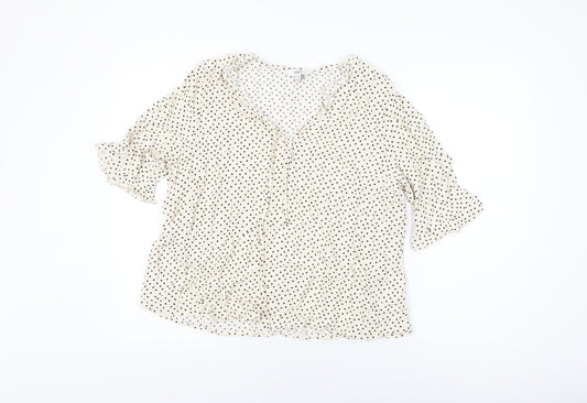 Marks and Spencer Womens Ivory Polka Dot Viscose Basic T-Shirt Size 16 V-Neck
