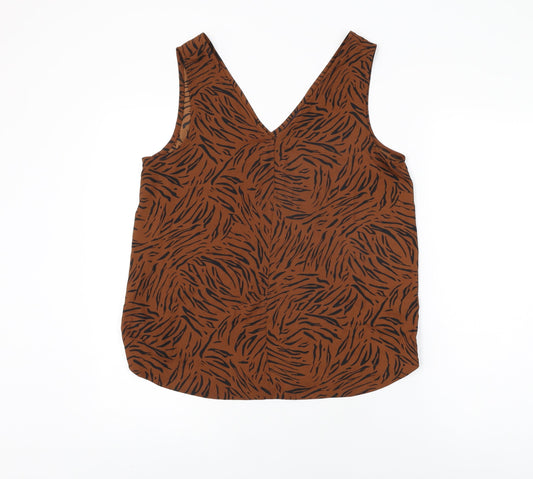 Marks and Spencer Womens Brown Animal Print Polyester Basic T-Shirt Size 12 V-Neck