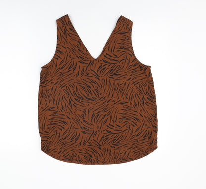 Marks & Spencer Womens Brown Animal Print Polyester Basic T-Shirt Size 12 V-Neck