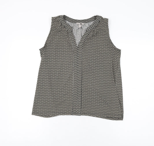 H&M Womens Black Geometric Polyester Basic T-Shirt Size S V-Neck