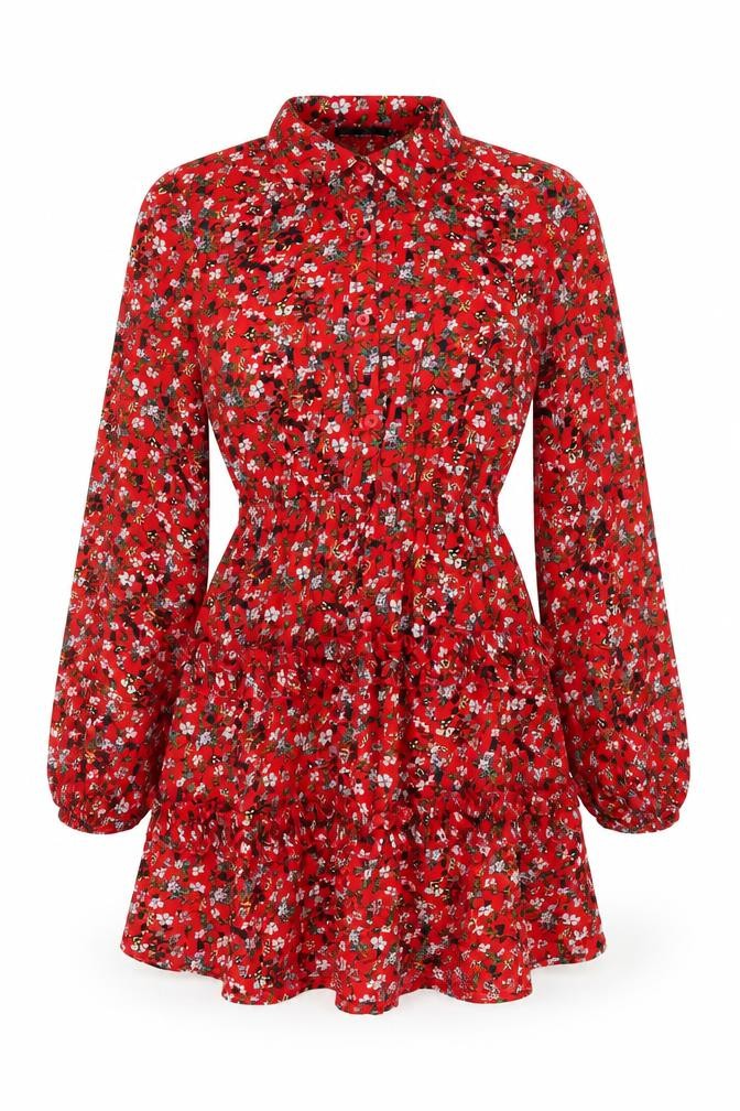 PRETTYLITTLETHING Womens Red Floral Polyester A-Line Size 6 Collared Button