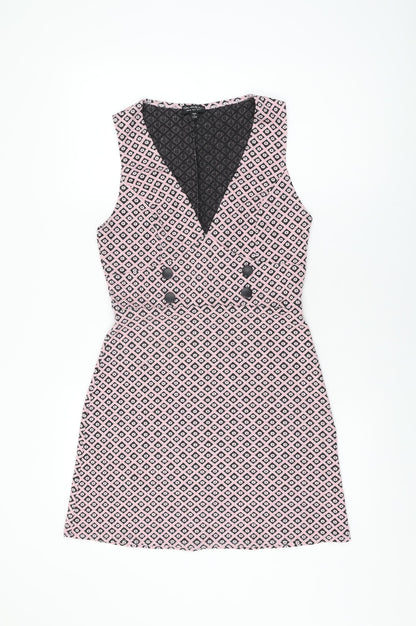 Additional front view of Miss Selfridge women’s pink geometric polyester shift, size UK 12, v-neck pullover