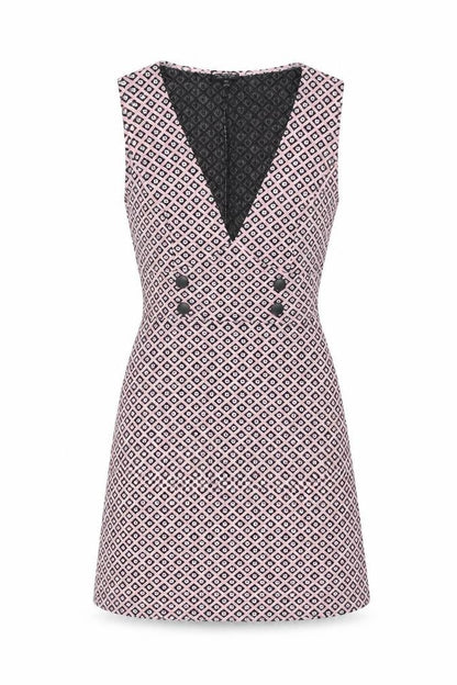 Front view of Miss Selfridge women’s pink geometric polyester shift, size UK 12, v-neck pullover
