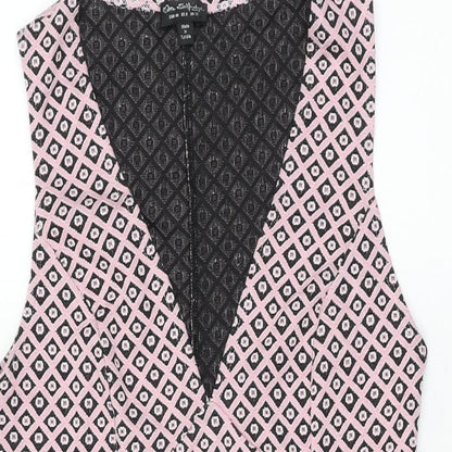 Close-up detail of Miss Selfridge women’s pink geometric polyester shift, size UK 12, v-neck pullover