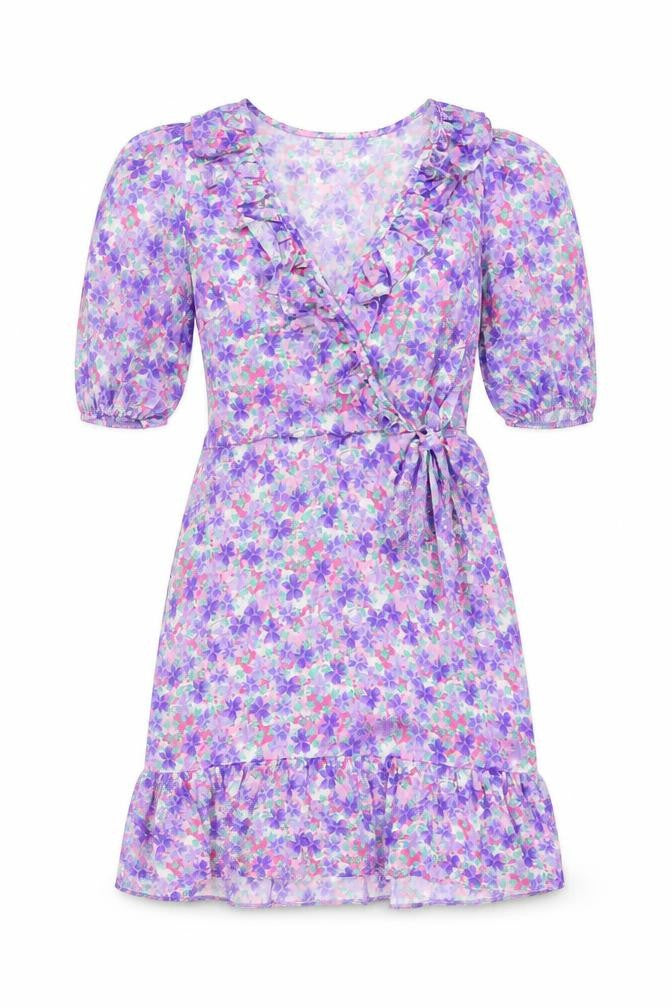 River Island Womens Purple Floral Polyester Skater Dress Size 8 V-Neck Pullover