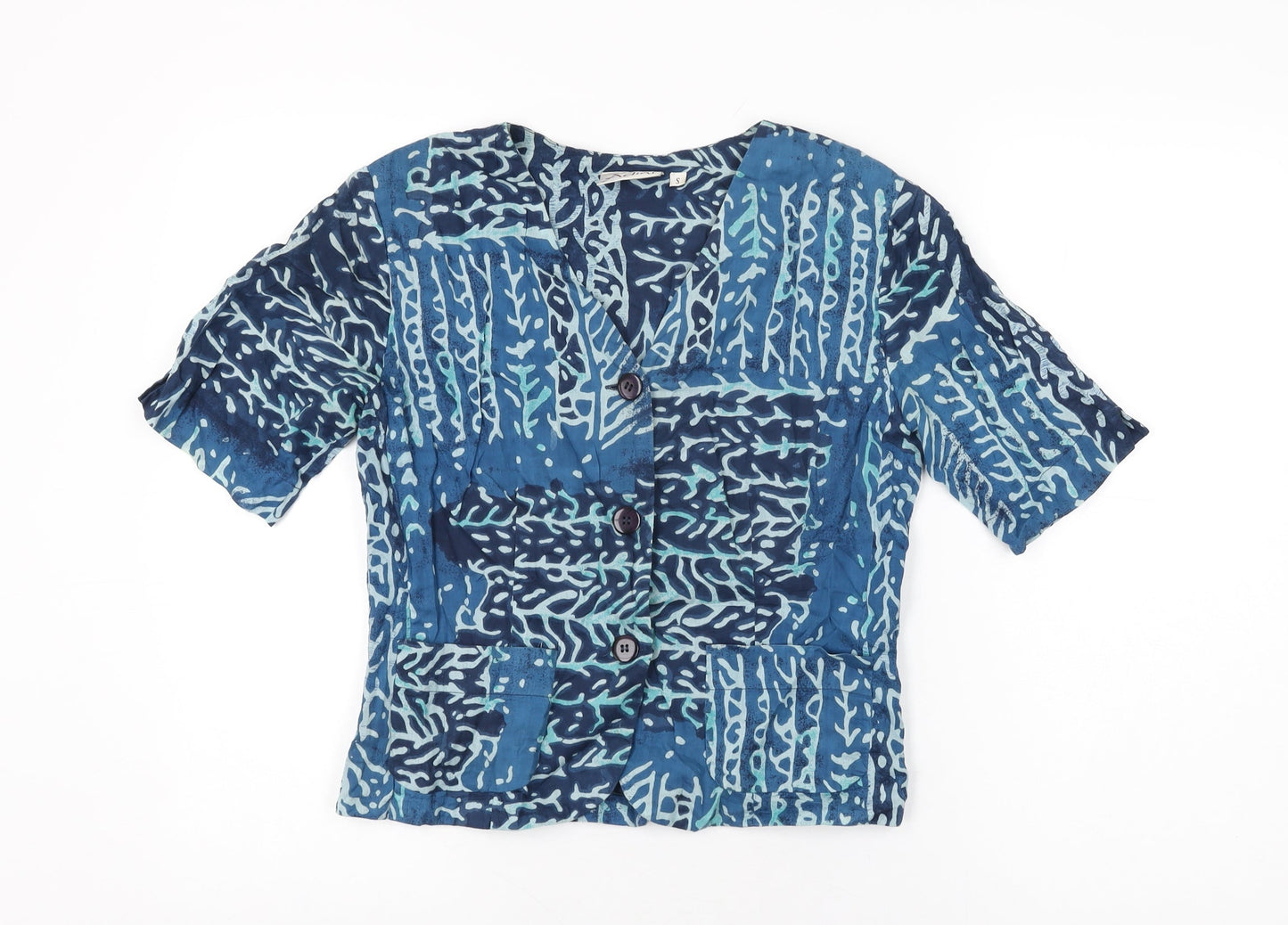 Adini Womens Blue Geometric Cotton Basic Button-Up Size S V-Neck