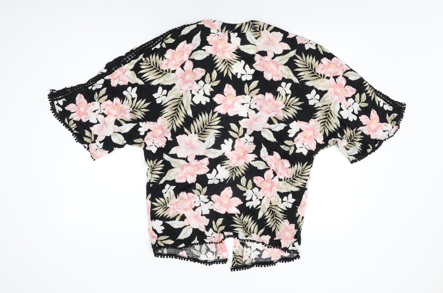 New Look Womens Black Floral Cotton Kimono T-Shirt Size 8 V-Neck