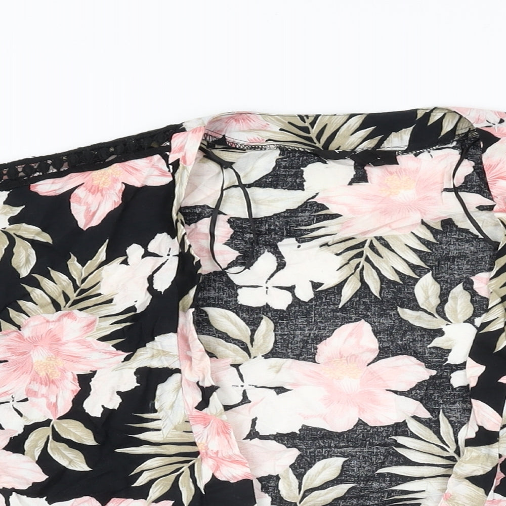 New Look Womens Black Floral Cotton Kimono T-Shirt Size 8 V-Neck