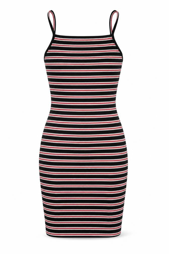PRETTYLITTLETHING Womens Black Striped Polyester Bodycon Size 6 Round Neck Pullover
