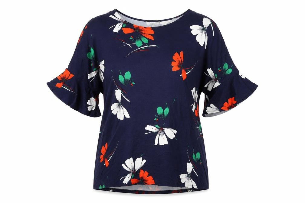 Phase Eight Womens Blue Floral Viscose Basic T-Shirt Size 14 Round Neck