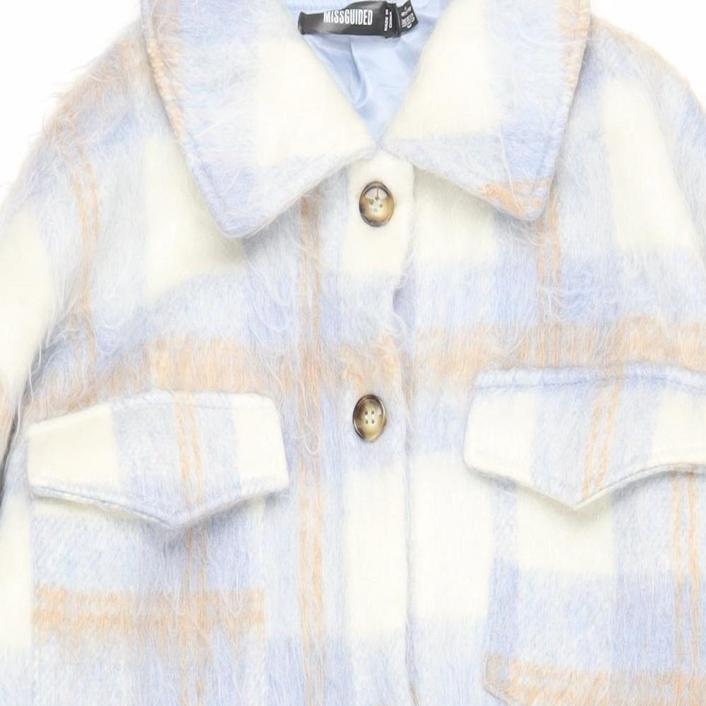 Missguided Womens Blue Plaid Overcoat Coat Size 8 Button