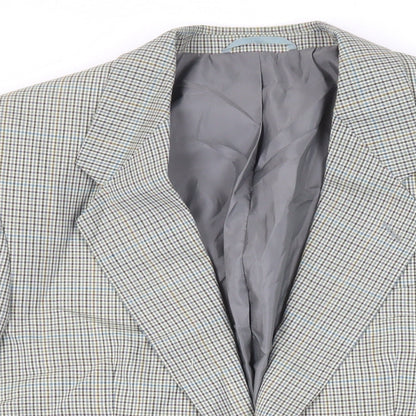 Close-up detail of SCOTT men’s green plaid polyester jacket suit jacket, size 40, regular