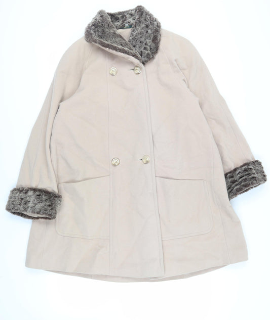 Eleganze Womens Beige Overcoat Coat Size 10 Button - Faux Fur Trim